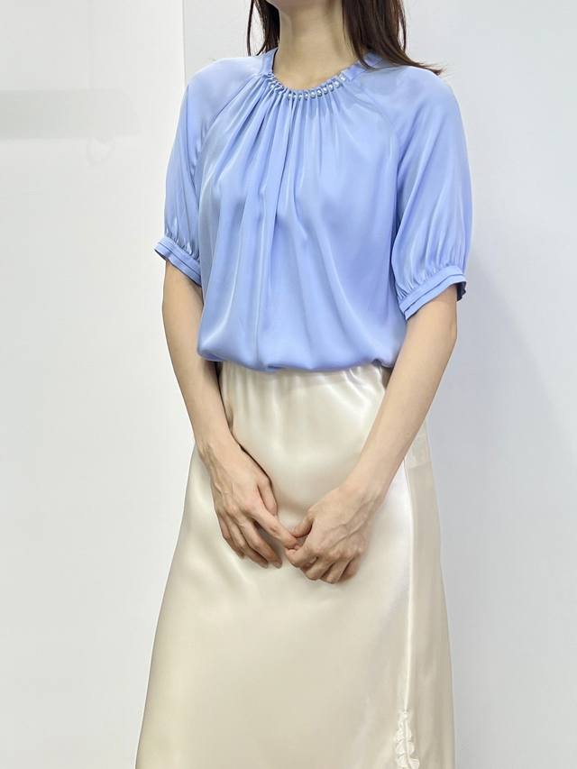 Pearl Collar Silk Top Color Black Yellow Blue Size Smlxl