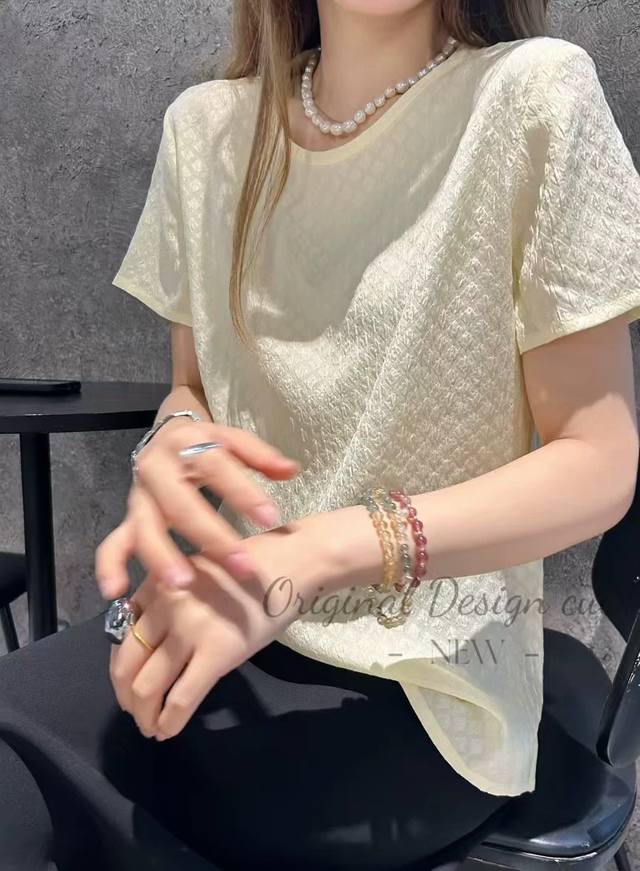 New Silk Elastic Crown Crepe Diamond Round Neck Shirt Off-White Yellow S-Xl 4 Si