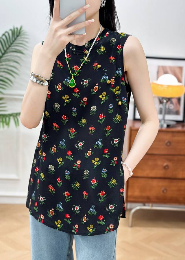 Rayon Silk Gauze Printed Chinese Style Top Size: 5 Sizes S Xxl Color Black Coffe