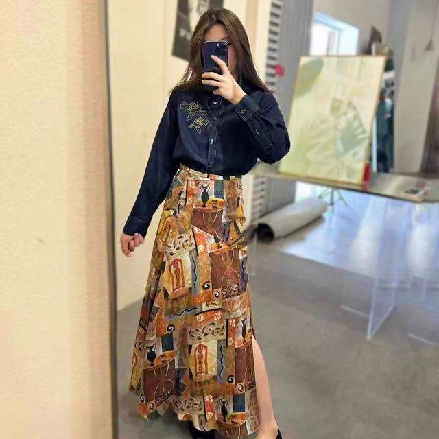 Dunhuang Art 100% Noble Silk Crepe Satin Bias-Cut Skirt Knee-Length To Modify Th