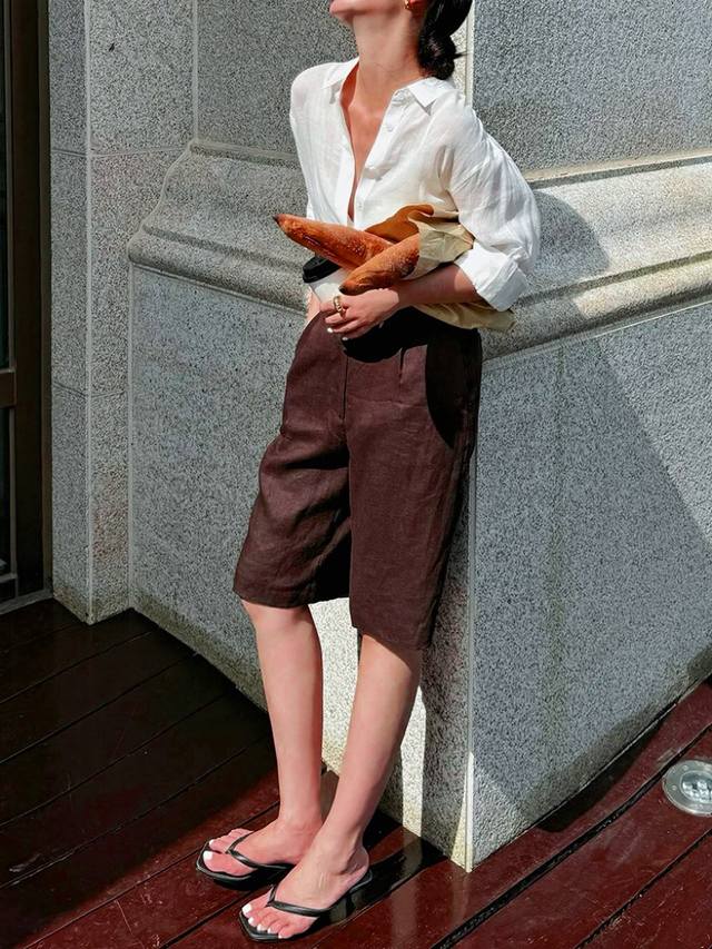 100% Linen Shorts Versatile Handsome Back Elastic Waist S--Xl