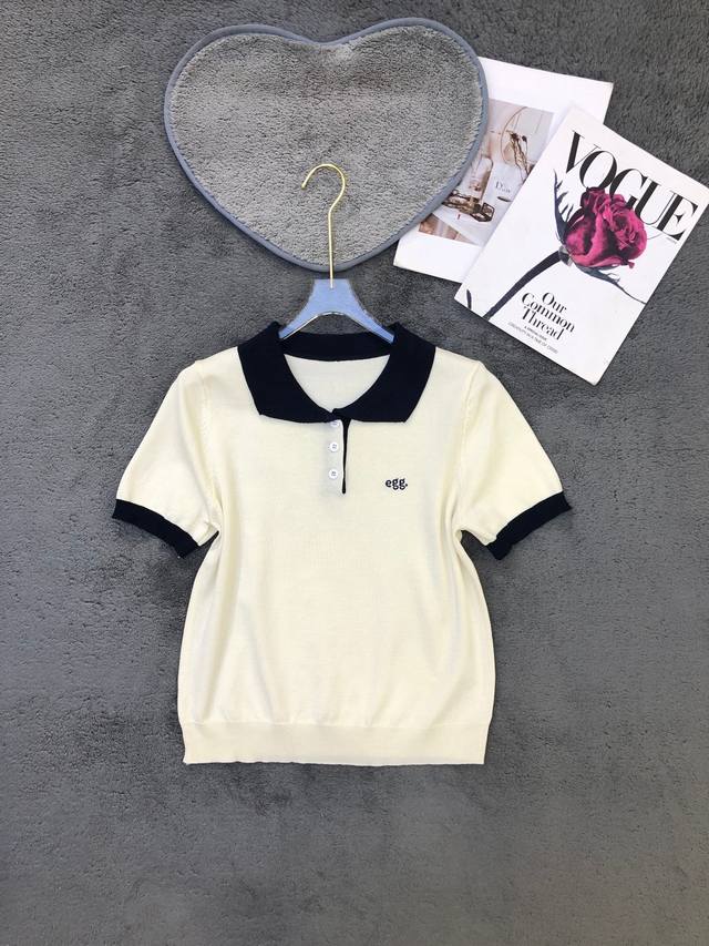 New Contrast Striped Polo Collar Knitted Short Sleeves Sml