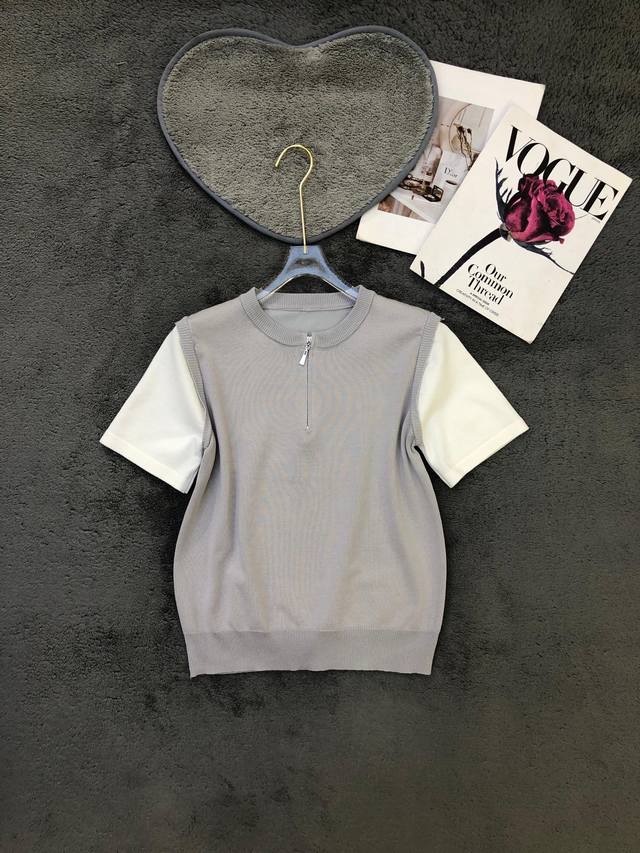 New Design Zipper Stitching Contrast Color Short Sleeves Sml