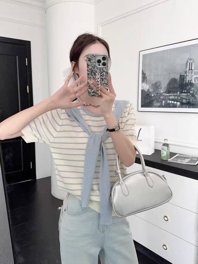 New Design Temperament Age-Reducing Striped Sweater Short Sleeves Sml