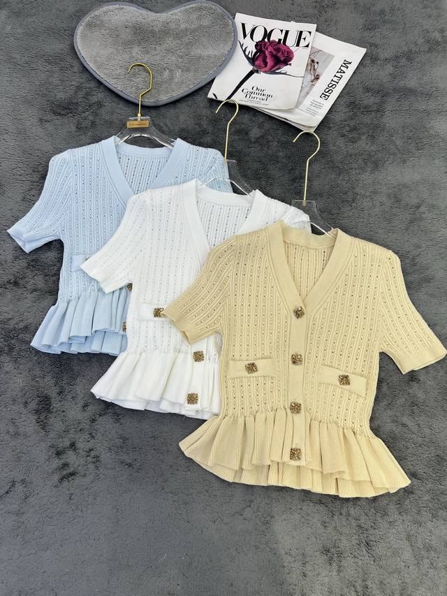 New Arrival Design Heavy Square Button V-Neck Knitted Top Blue, White And Yellow