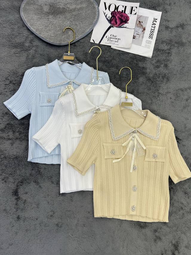 New Arrival Design Lapel Heavy Beaded Short-Sleeved Knitted Top Blue, White And