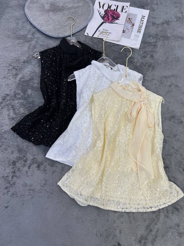 New Arrival Design Sleeveless Sequined Top Black, White And Yellow Sml