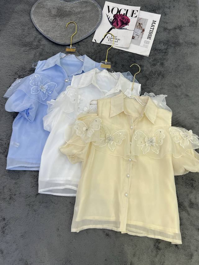 New Arrival Designed Off-Shoulder Butterfly Short-Sleeved Shirt Blue, White And