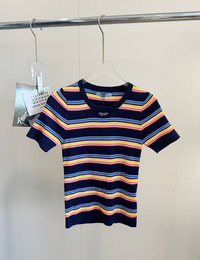 Product Name Prad* 25 Color Stripe Embroidery Slim Fit Knitted Short Sleeves Siz