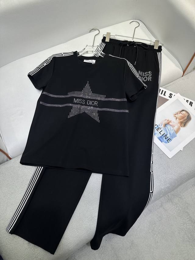 dio* 25Ss New T-Shirt Wide-Leg Pants Suit Five-Pointed Star Pattern Hot Diamo