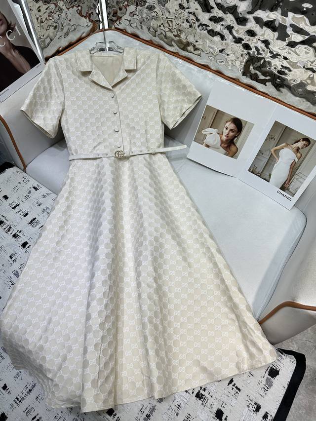 gucci*2025 Summer New Style Lapel Long Dress The Overall Jacquard Fabric Is F