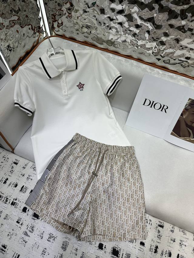 dior2025 Spring And Summer Cotton Round Neck Short Sleeve Jacquard Shorts Sui