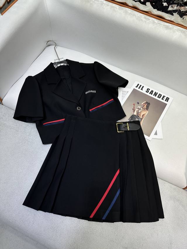 miumi* 25Ss New Short Puff Sleeve Suit Skirt Set Letter Embroidery Decoration