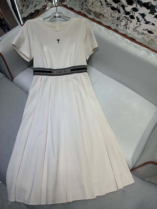 dior* 25Ss New Round Neck Dress With Bee Embroidery And Letter Ribbon Waistba