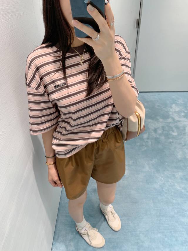 prad*25Ss New Spring And Summer Micro-Label Pocket Striped Short-Sleeved T-Sh