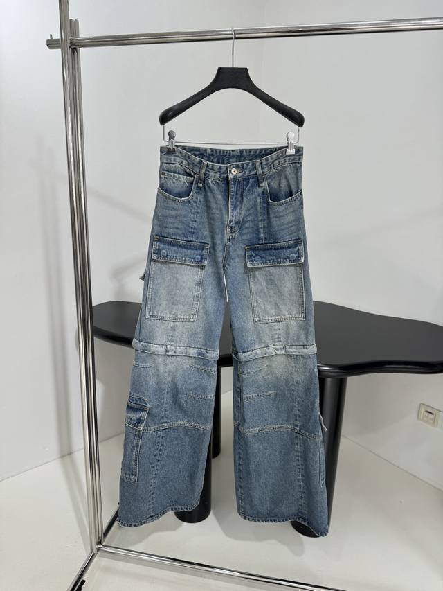 New Cargo Bleached Light Indigo Blue Cargo Denim Flared Trousers Soft Black Left