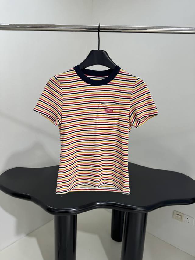 New Cotton Striped T-Shirt Multicolor Striped Pattern Design Embroidered Brand L