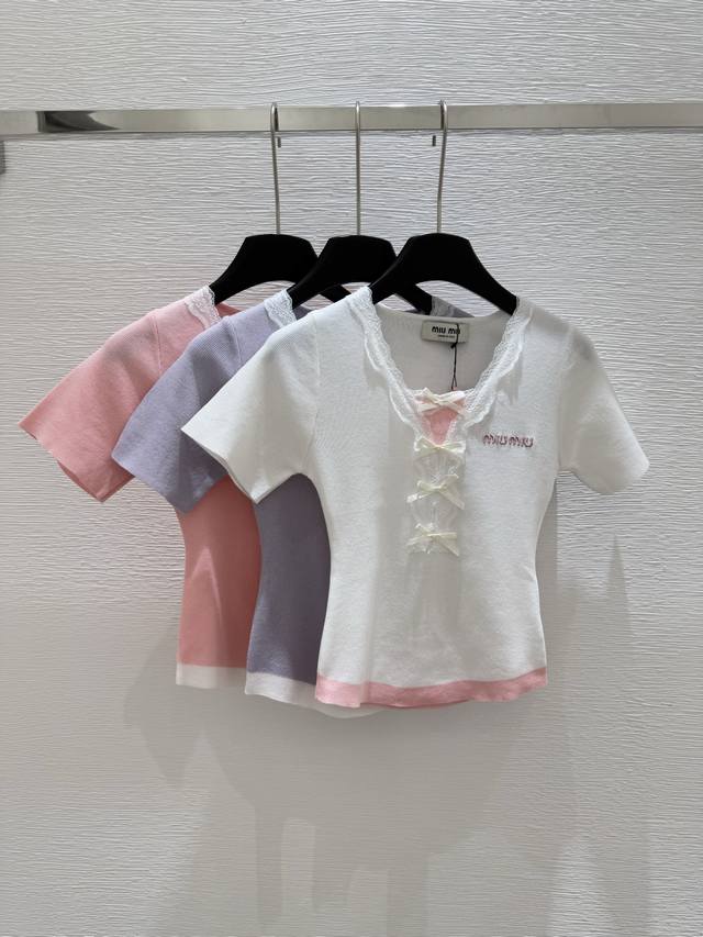 m Home Summer New Round Neck Knitted Lace Bowknot Short Sleeve Color White Pu
