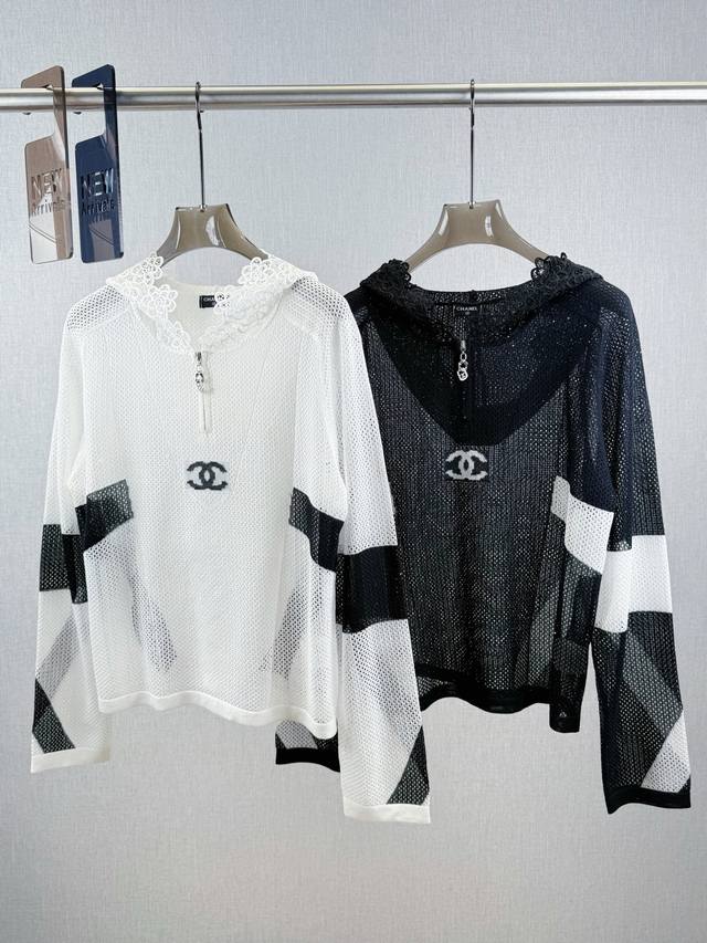 Chanel Lace Hooded Sun Protection Shirt 90% Tencel 10% Nylon Hooded Zipper Half-