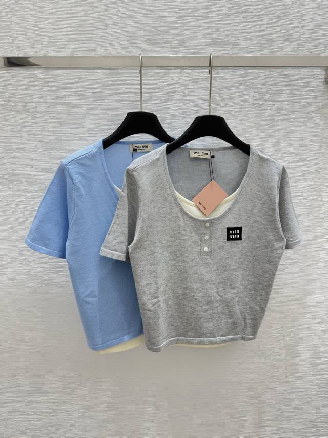 m Early Spring New Round Neck Fake Two-Piece Knitted Short Sleeve Color Gray