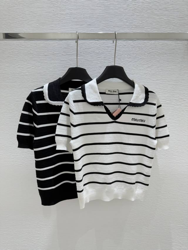 m Early Spring New Lapel Striped Knitted Short Sleeve Color White Black Size