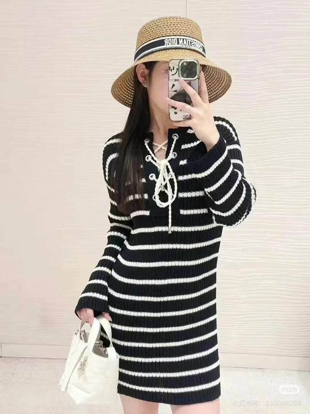 25 New Navy Style Striped Strap Knitted Long-Sleeved Dress With A Careful Des