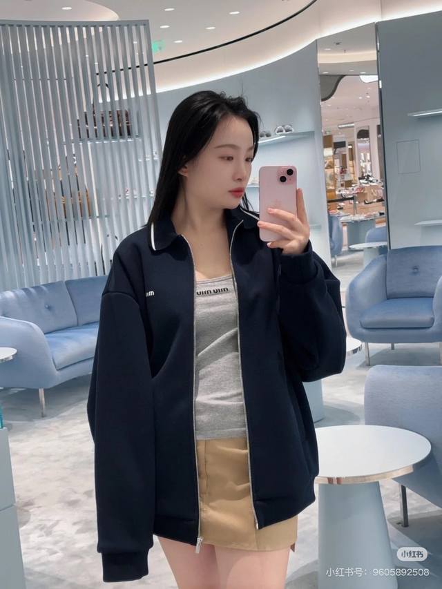 miumi* 25Ss New Spring And Summer Letter Embroidery Stand Collar Zipper Sweat