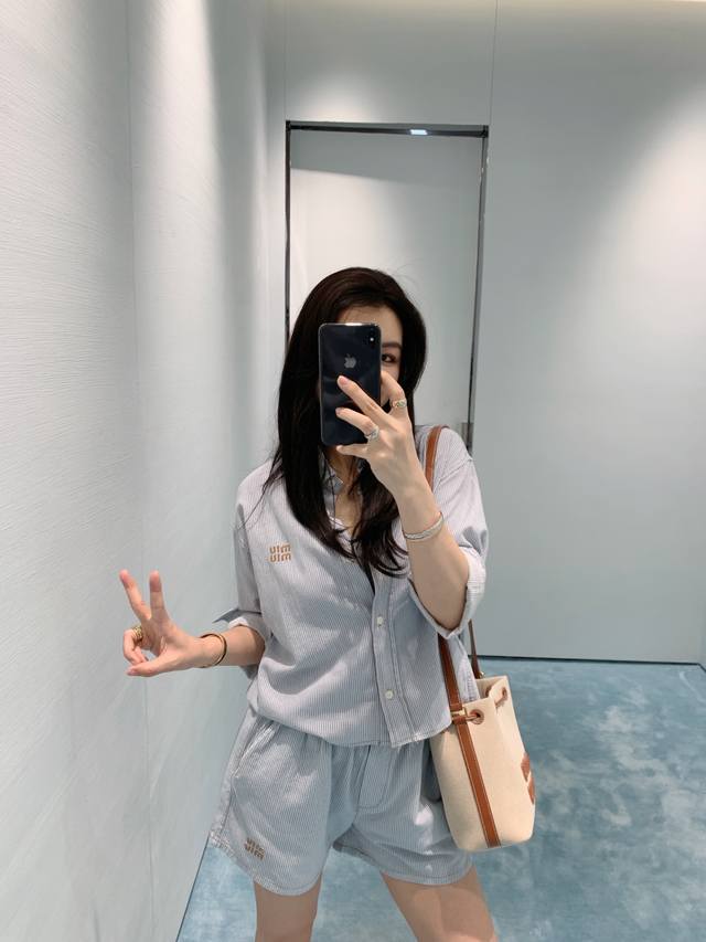 Shirt Shorts Miumi* 25Ss New Spring And Summer Light-Colored Washed Striped Deni