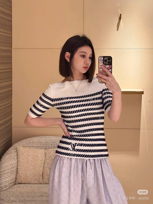 Small Stripes Yyds Hemp Rope Embossed Knitted Short-Sleeved Top Original Develop