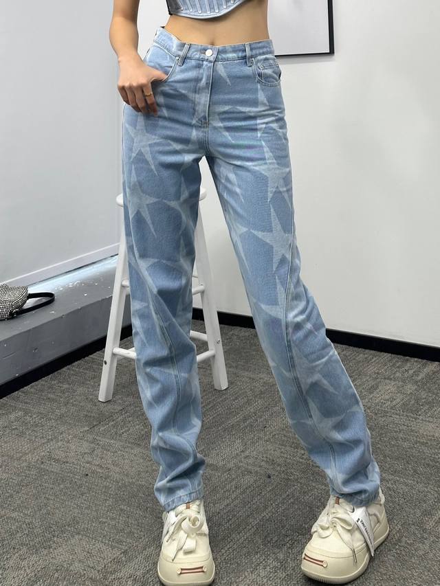 Star Print Washed Jeans Cotton Sml