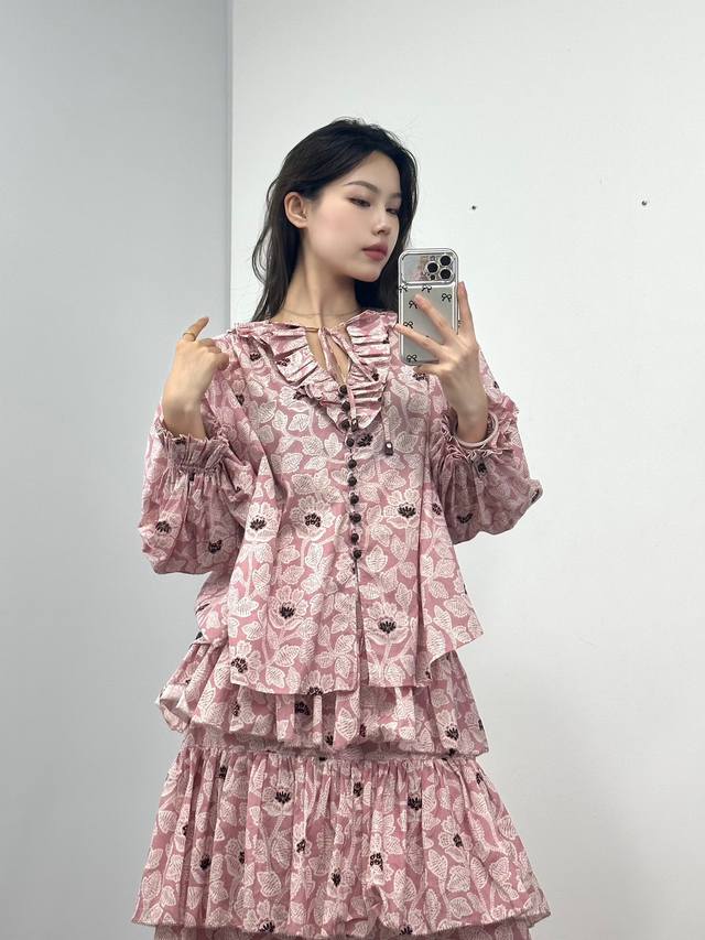 Printed Ruffle Loose Top Cotton Sml