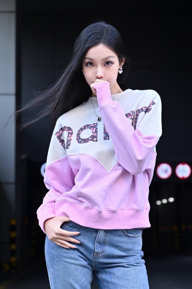 New Color Matching Printed Round Neck Sweatshirt Cotton Sml