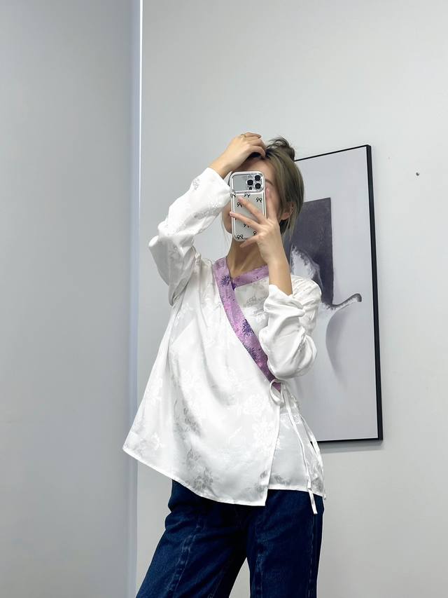 Rayon Jacquard Chinese Style Contrast Color Top Contrast Cloth Mulberry Silk Ble
