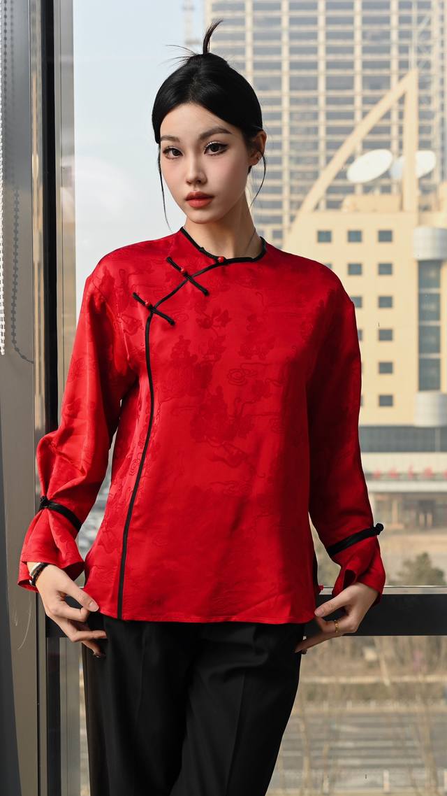 Jacquard Contrast Color Lush Chinese Style Oblique Collar Top Viscose Fiber Sml