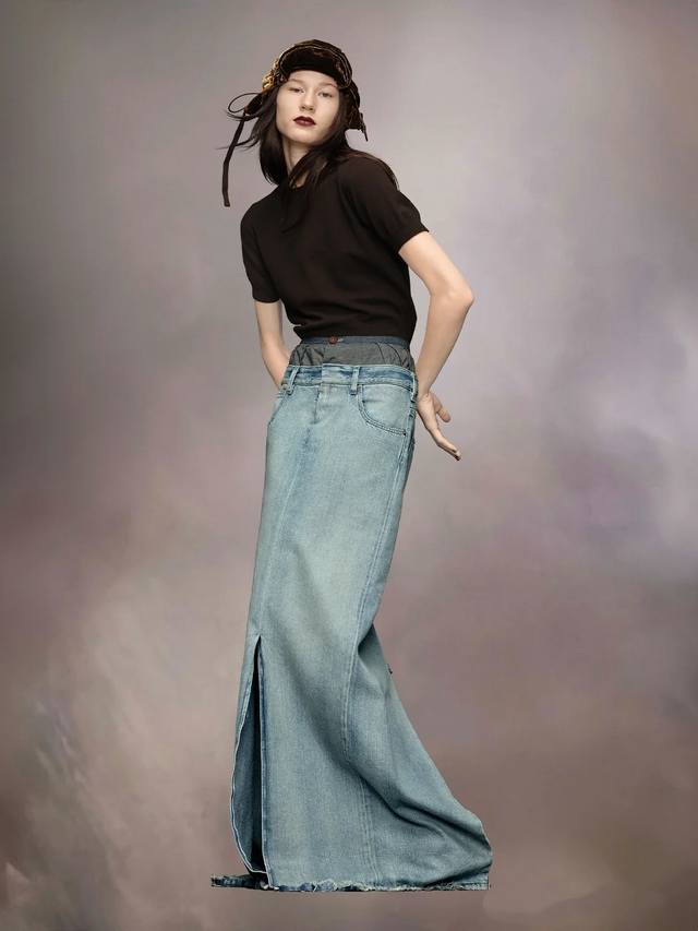mm Double Waist Washed Denim Long Skirt Cotton Sml