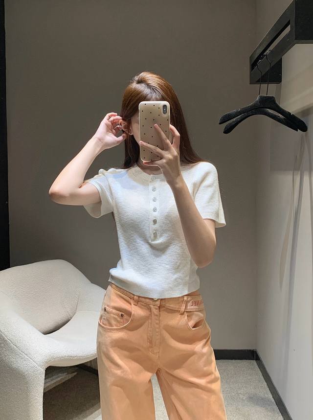 New Chane* Chanel Style Letter Button Round Neck Knitted Short Sleeves 2 Colors