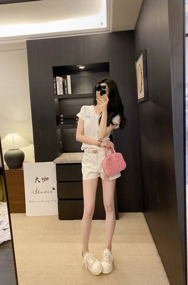 miumi* New Summer Hooded Lace Short-Sleeved Top With Jacquard Shorts And Belt
