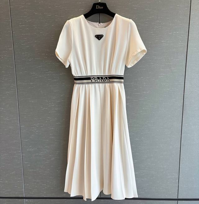 New Release 25Ss New Round Neck Dress Triangle Label Decorative Letter Ribbon Wa