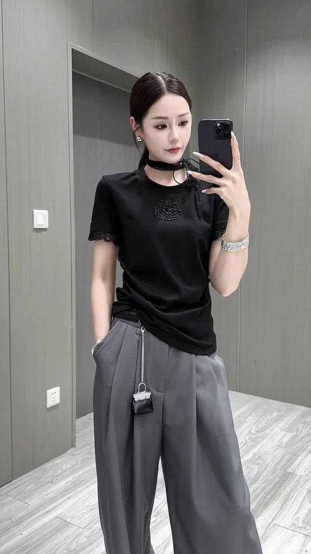 Running Volume Price Round Neck Solid Color Tops For Women Niche Beaded Slim Sho