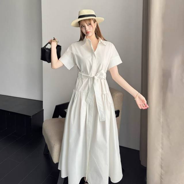 Dress Max Commuting Simple Lapel Short Sleeve Temperament Bow Tie Waist Slim Cot