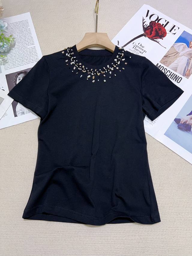 Running Quantity Price Heavy Handmade Round Neck Beaded Short-Sleeved T-Shirt To