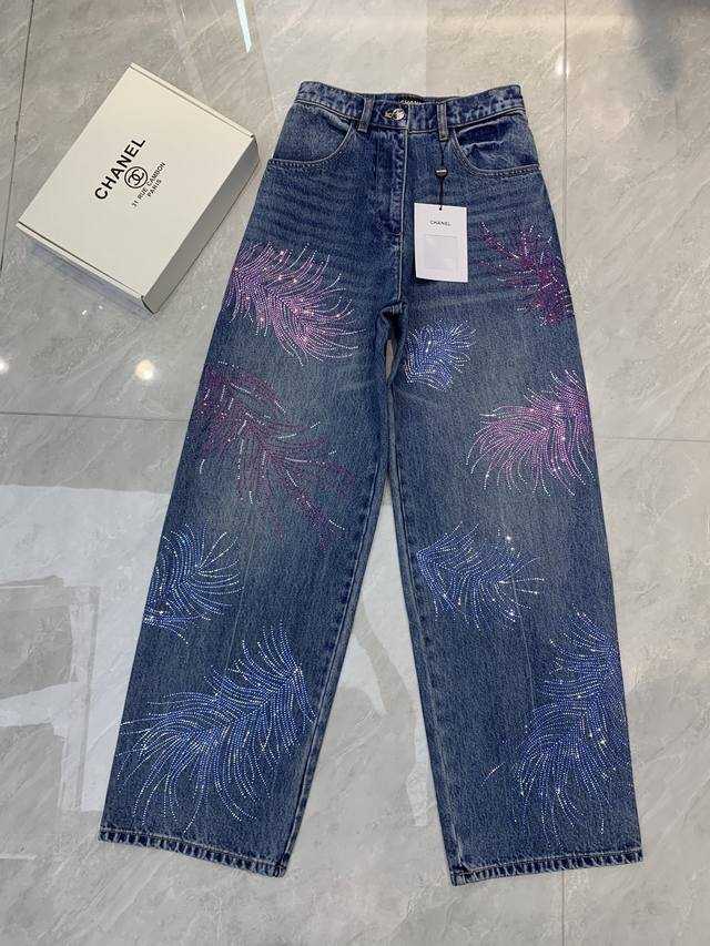 New Arrival Chane* Chanel Heavy-Duty Feather Hot Diamond High Waist Jeans Are So