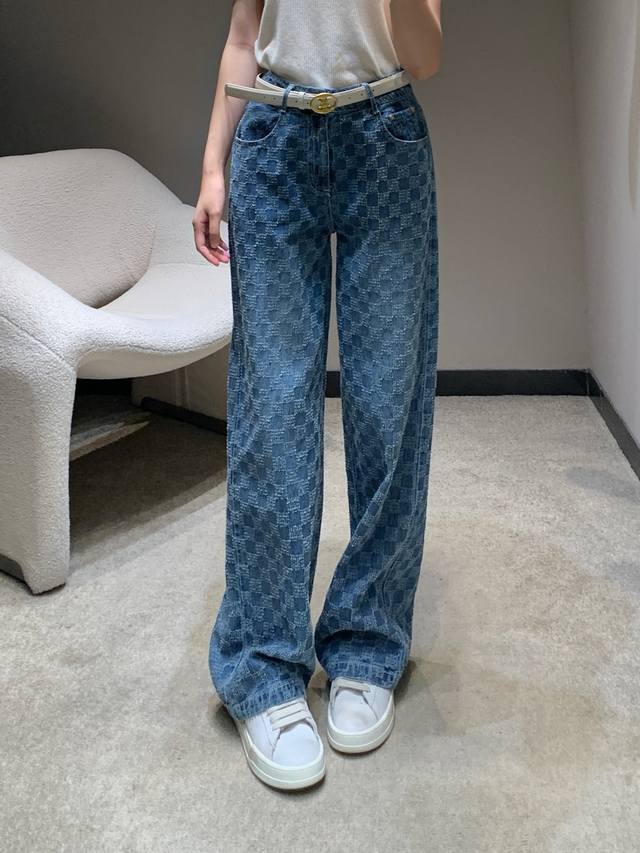 celin* 25Ss New Spring And Summer Plaid Jacquard Arc De Triomphe Belt Denim T