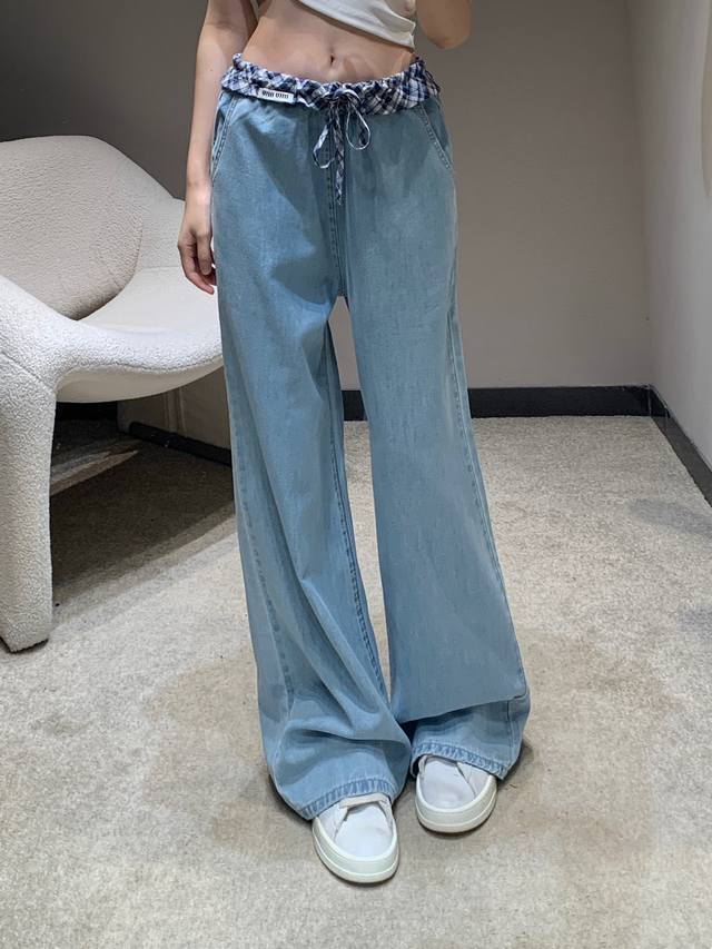 miumi* 25Ss New Spring And Summer Plaid Stitching Tencel Denim Trousers | Exc