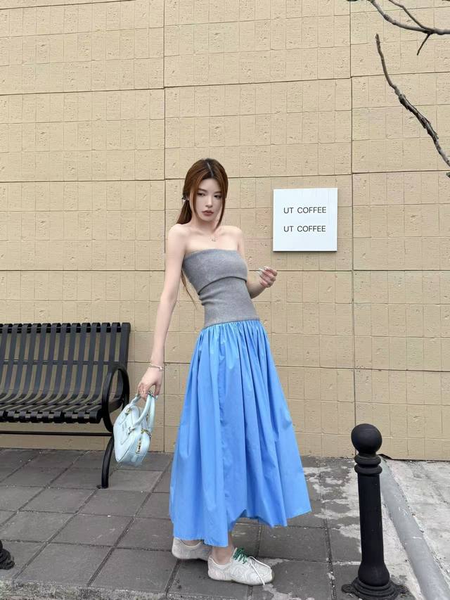 Strongly Recommended Series Mu* New Contrast Color Stitching Tube Top Dress Fluf