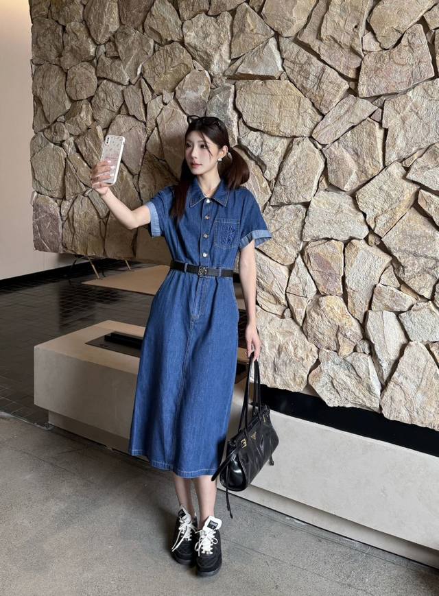 Strongly Recommend Loe*2025 Spring And Summer New Denim Short-Sleeved Belt Dress