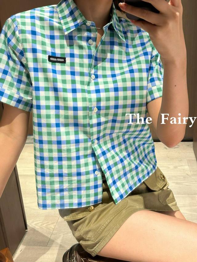 66171 Miu Check Short Sleeve Shirt Classic Cotton Check Shirt With Brand Logo