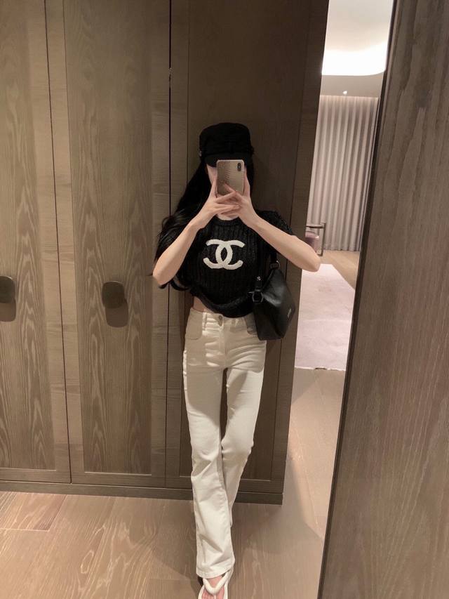 chane* Glitter Knit Top Flocked Classic Logo Simple And Versatile Glitter Fab