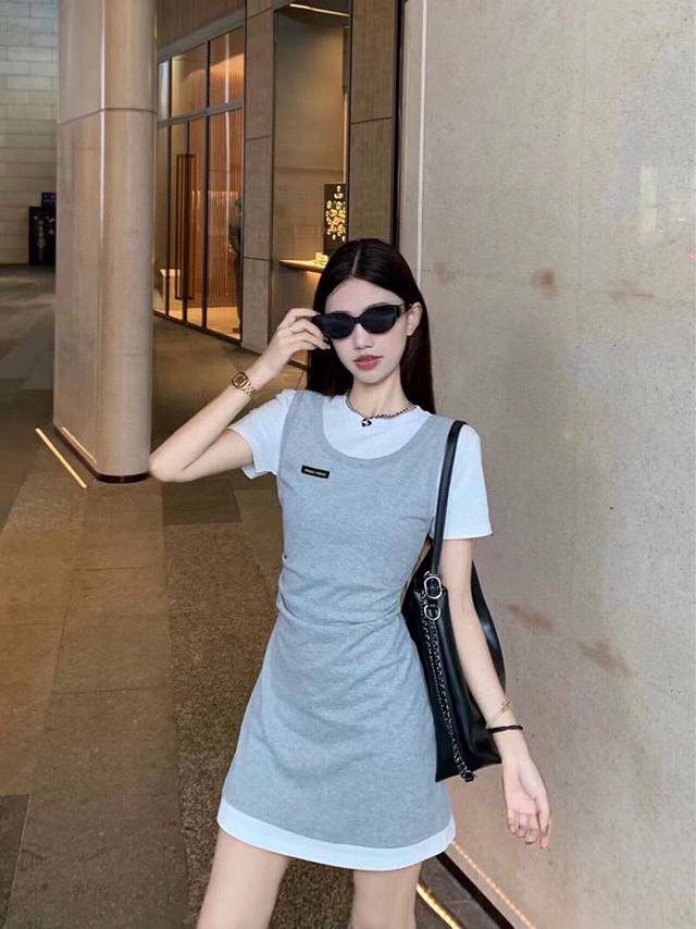 miumiu Fake Two-Piece Dress Ins Style Design Super Korean Style Super Slim Th