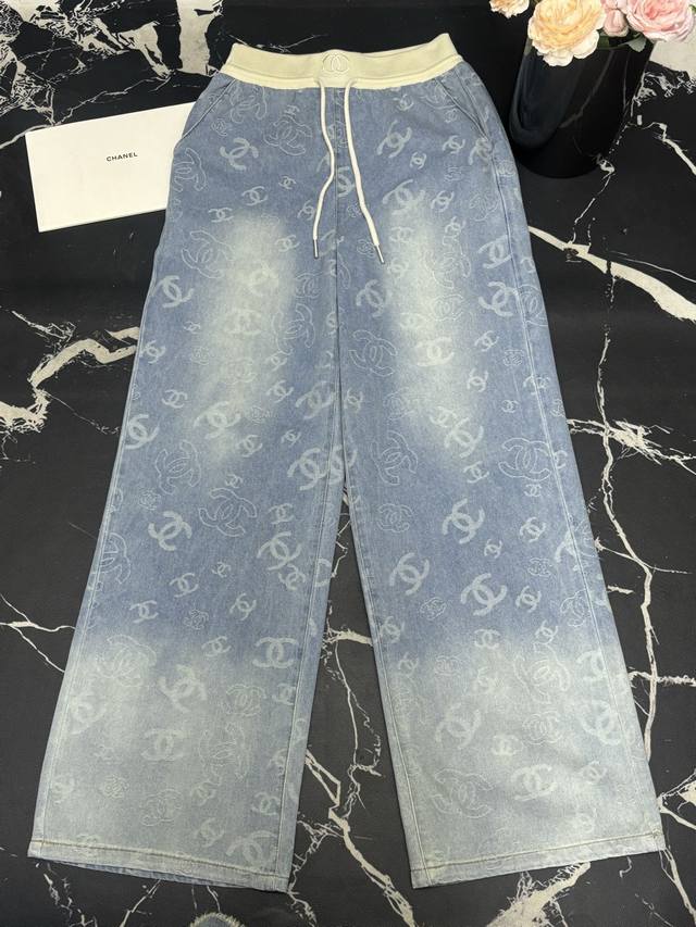 Casual Pants Xiaoxiangjia 25 Spring And Summer New Full Print Logo Washed Denim